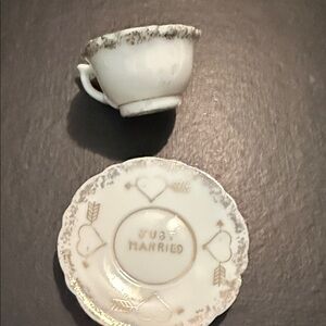 White and Gold Just Married Teacup and Saucer